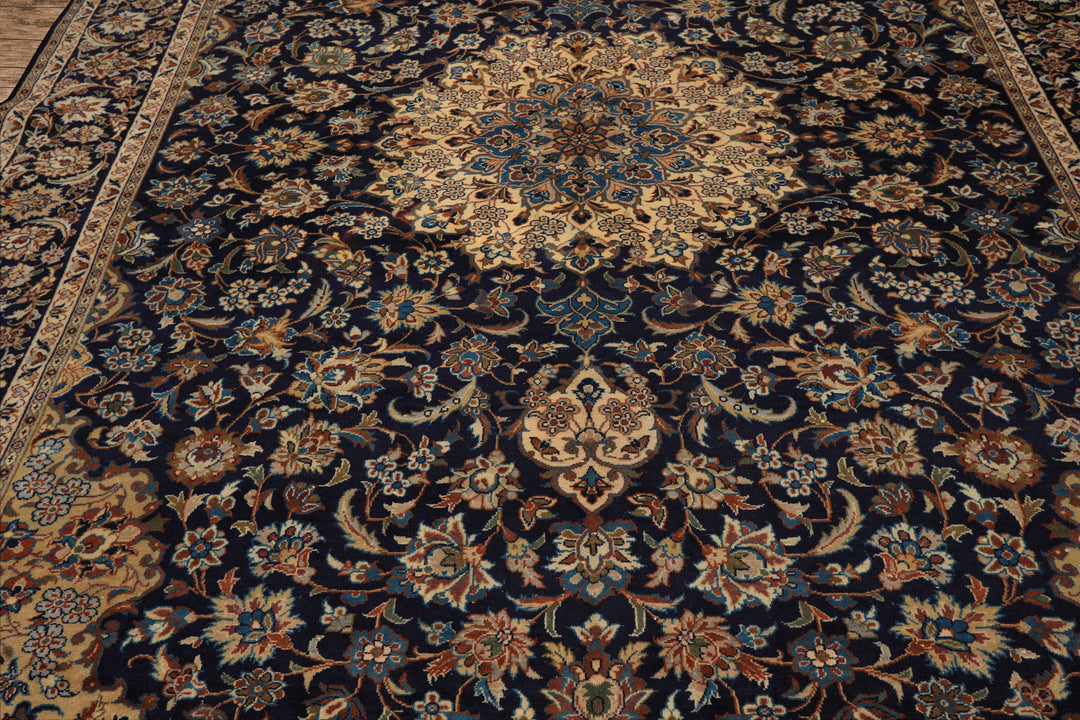 9x13 Navy, Ivory, Beige Color Hand Knotted Kashan Wool Traditional Oriental Rug