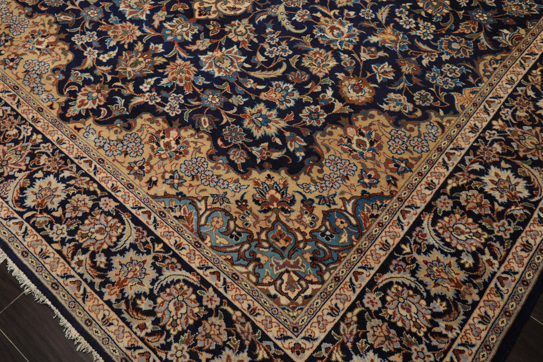 9x13 Navy, Ivory, Beige Color Hand Knotted Kashan Wool Traditional Oriental Rug