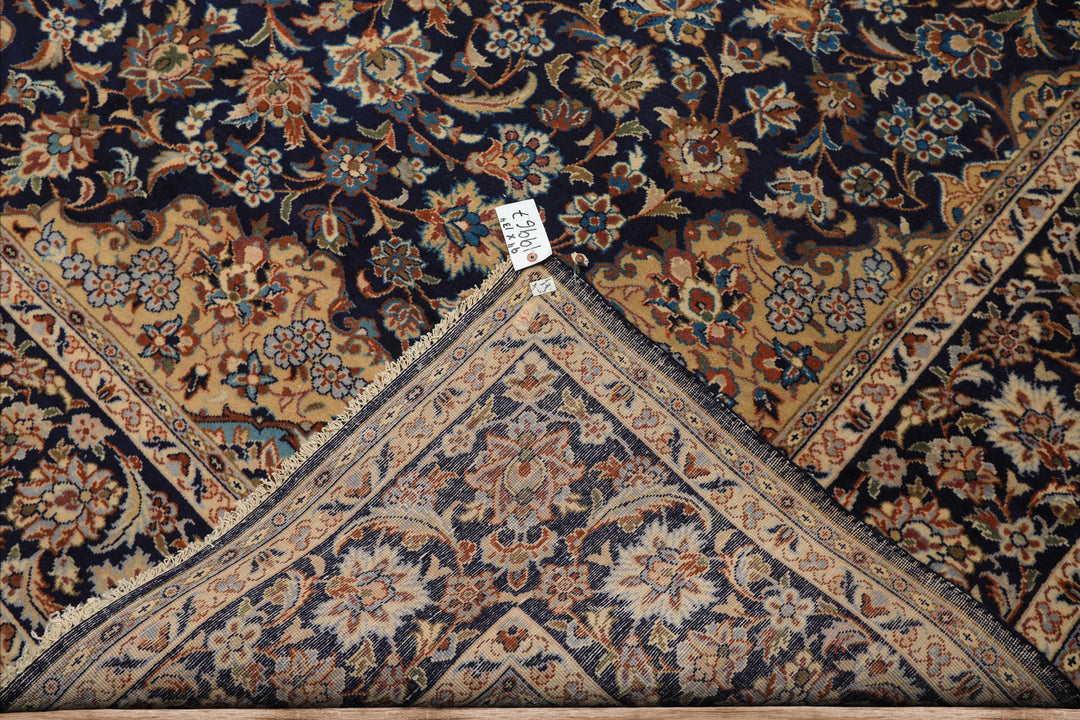 9x13 Navy, Ivory, Beige Color Hand Knotted Kashan Wool Traditional Oriental Rug