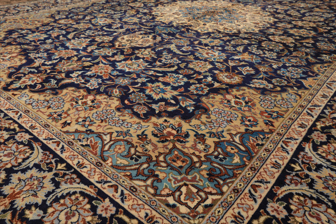 9x13 Navy, Ivory, Beige Color Hand Knotted Kashan Wool Traditional Oriental Rug