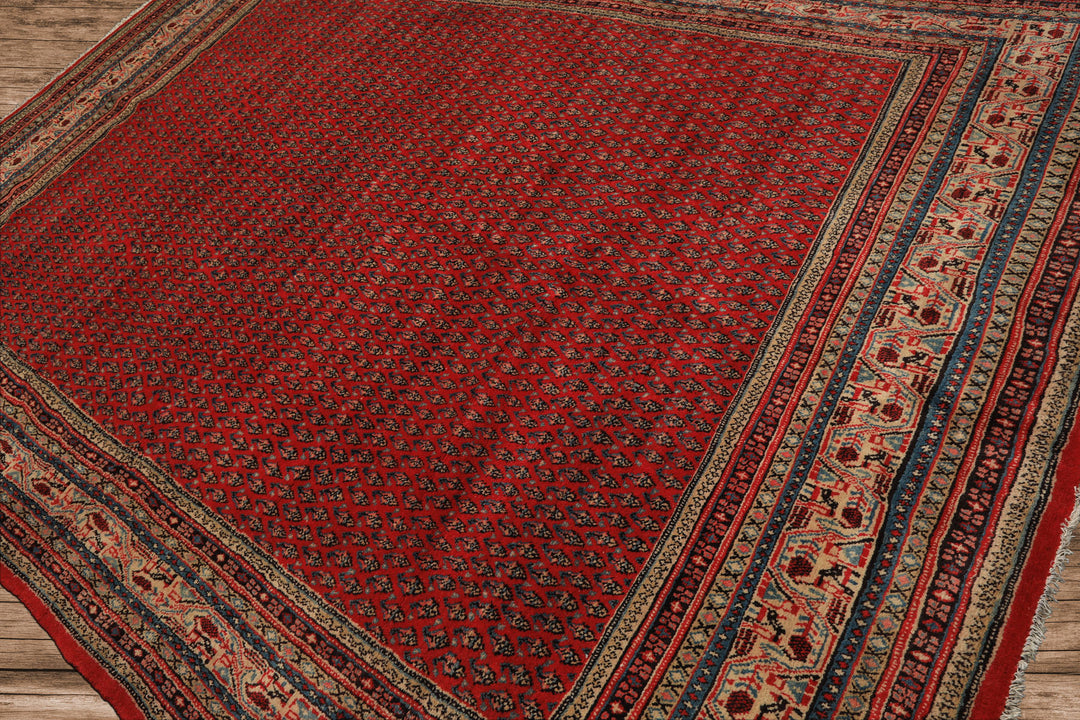 7x11 Tomato Red, Beige, Aqua Color Hand Knotted Persian Boteh Wool Traditional Oriental Rug
