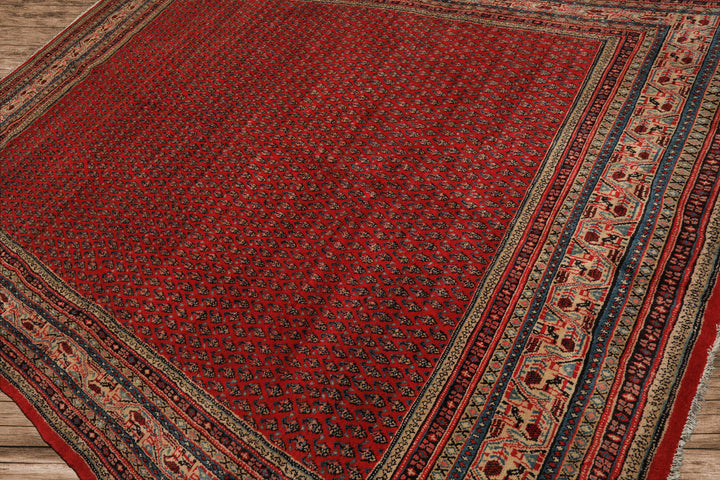 7x11 Tomato Red, Beige, Aqua Color Hand Knotted Persian Boteh Wool Traditional Oriental Rug