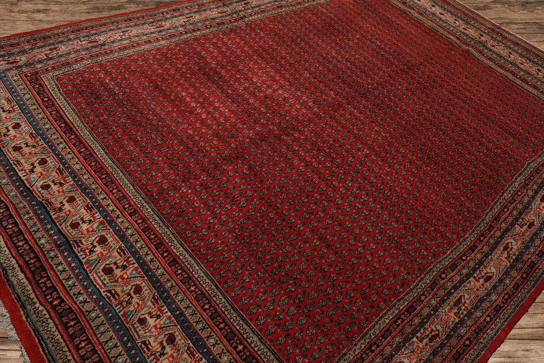 7x11 Tomato Red, Beige, Aqua Color Hand Knotted Persian Boteh Wool Traditional Oriental Rug