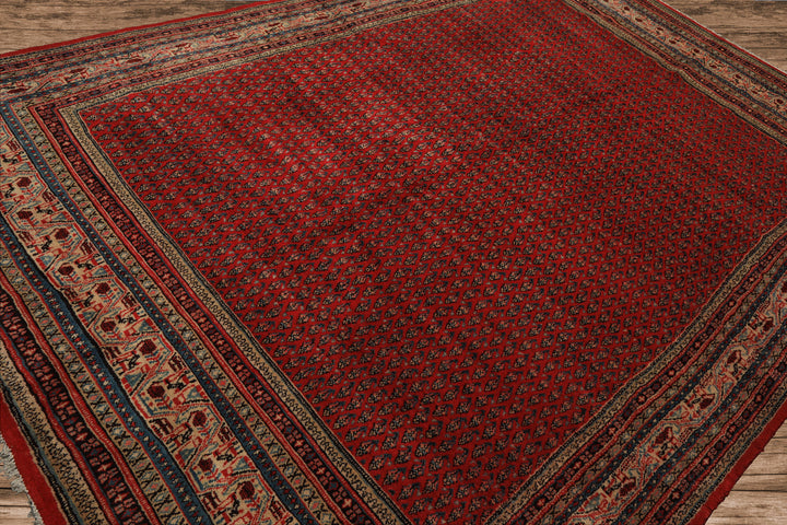 7x11 Tomato Red, Beige, Aqua Color Hand Knotted Persian Boteh Wool Traditional Oriental Rug