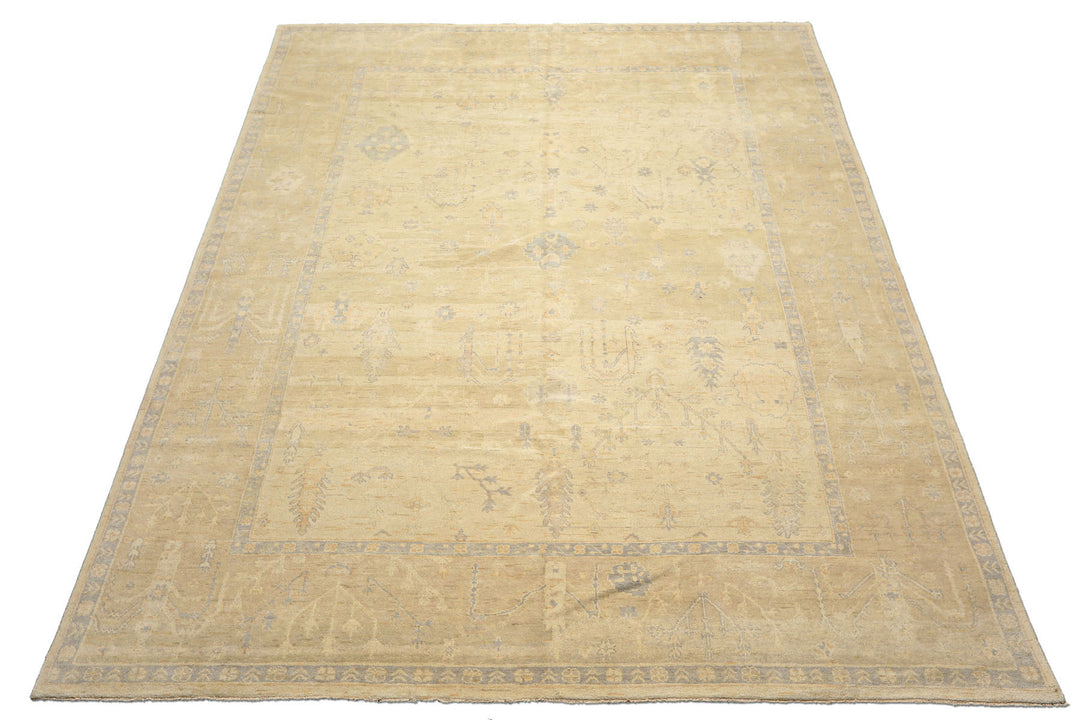 9x12 Ivory, Beige, Taupe Color Hand Knotted Oushak Wool Traditional Oriental Rug