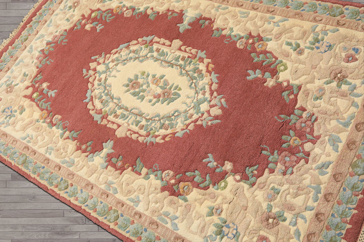 4x6 Rose, Ivory, Aqua Color Hand Knotted French Aubusson Savonnerie Wool Traditional Oriental Rug
