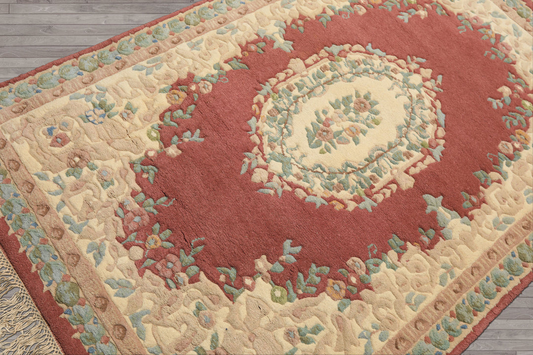 4x6 Rose, Ivory, Aqua Color Hand Knotted French Aubusson Savonnerie Wool Traditional Oriental Rug