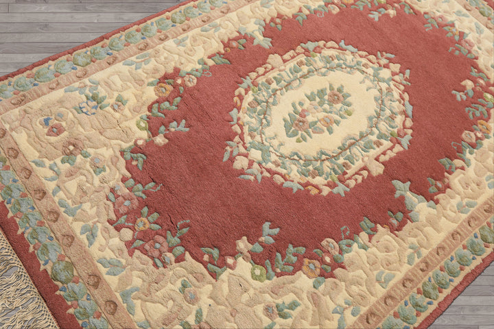 4x6 Rose, Ivory, Aqua Color Hand Knotted French Aubusson Savonnerie Wool Traditional Oriental Rug