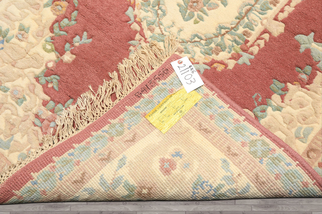 4x6 Rose, Ivory, Aqua Color Hand Knotted French Aubusson Savonnerie Wool Traditional Oriental Rug
