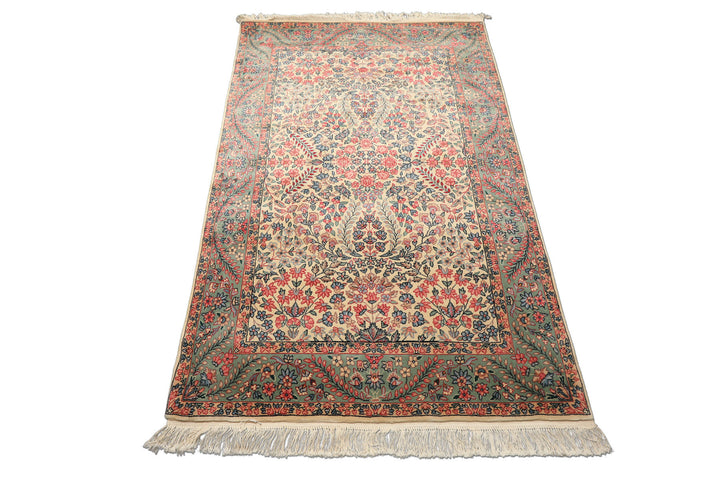 4x6 Ivory, Aqua, Navy Color Hand Knotted Kerman New Zealand Wool Traditional Oriental Rug