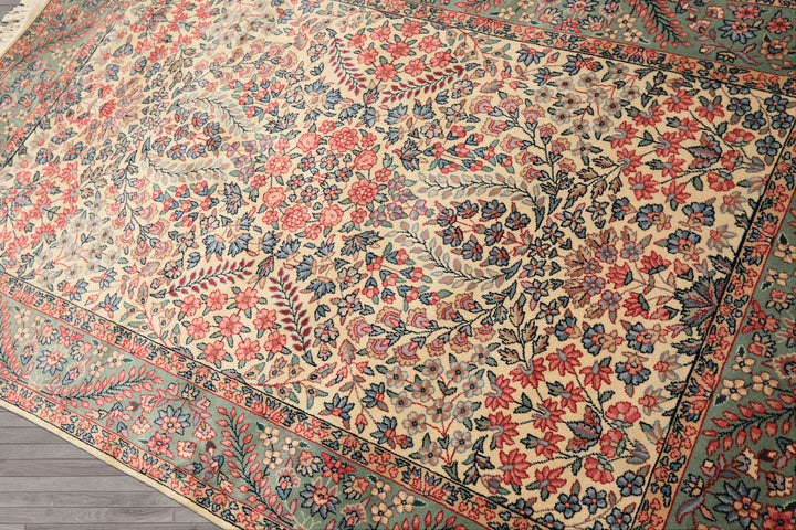 4x6 Ivory, Aqua, Navy Color Hand Knotted Kerman New Zealand Wool Traditional Oriental Rug