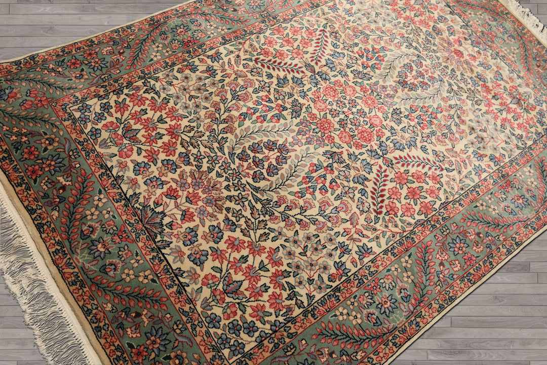 4x6 Ivory, Aqua, Navy Color Hand Knotted Kerman New Zealand Wool Traditional Oriental Rug