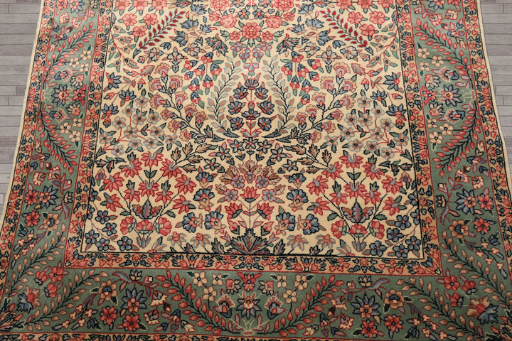 4x6 Ivory, Aqua, Navy Color Hand Knotted Kerman New Zealand Wool Traditional Oriental Rug