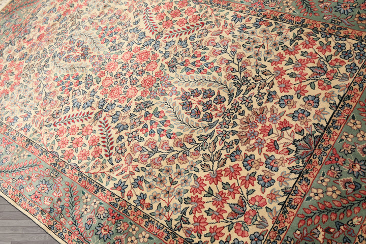 4x6 Ivory, Aqua, Navy Color Hand Knotted Kerman New Zealand Wool Traditional Oriental Rug