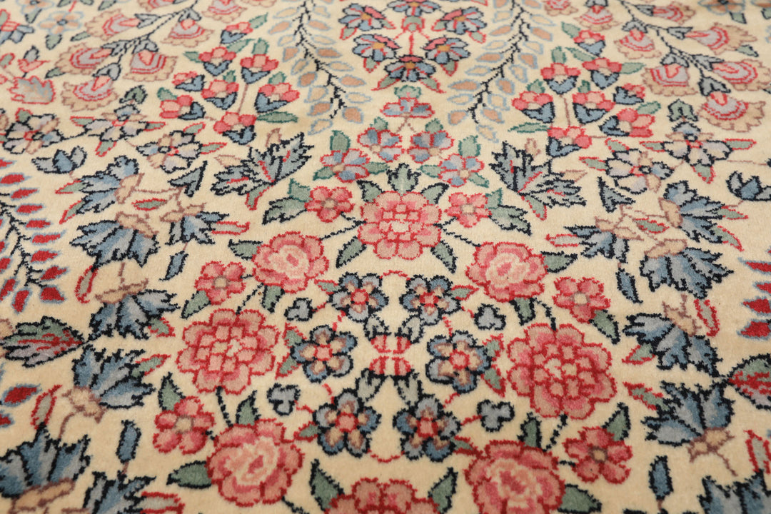 4x6 Ivory, Aqua, Navy Color Hand Knotted Kerman New Zealand Wool Traditional Oriental Rug