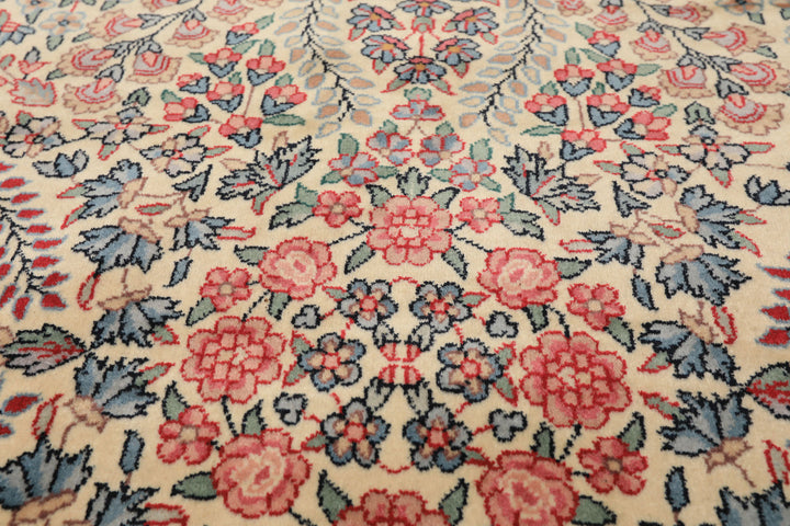 4x6 Ivory, Aqua, Navy Color Hand Knotted Kerman New Zealand Wool Traditional Oriental Rug