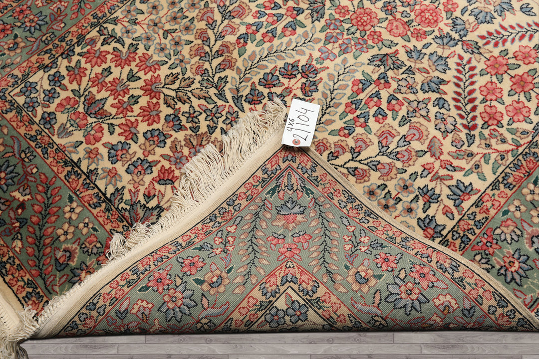 4x6 Ivory, Aqua, Navy Color Hand Knotted Kerman New Zealand Wool Traditional Oriental Rug