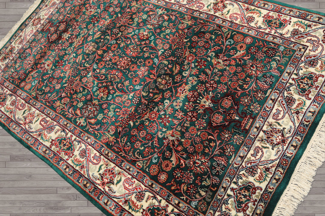 4x6 Emerald, Ivory, Red Color Hand Knotted Kashan Wool Traditional Oriental Rug