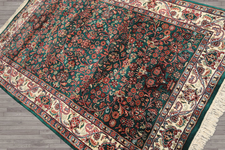 4x6 Emerald, Ivory, Red Color Hand Knotted Kashan Wool Traditional Oriental Rug