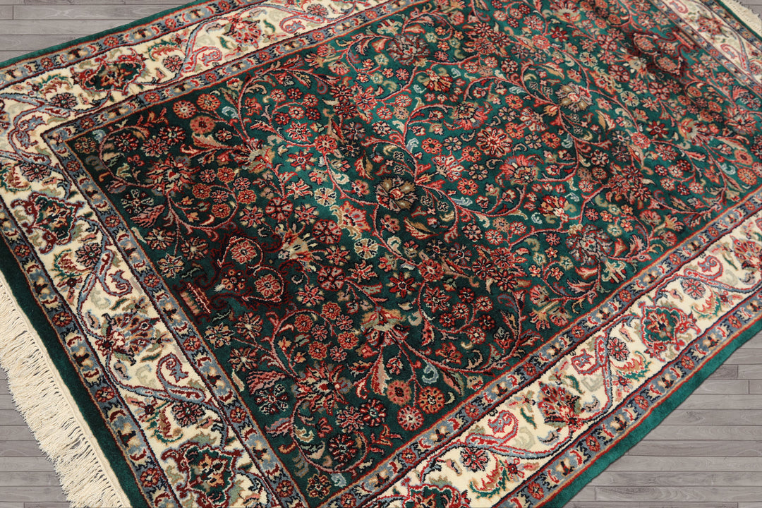 4x6 Emerald, Ivory, Red Color Hand Knotted Kashan Wool Traditional Oriental Rug
