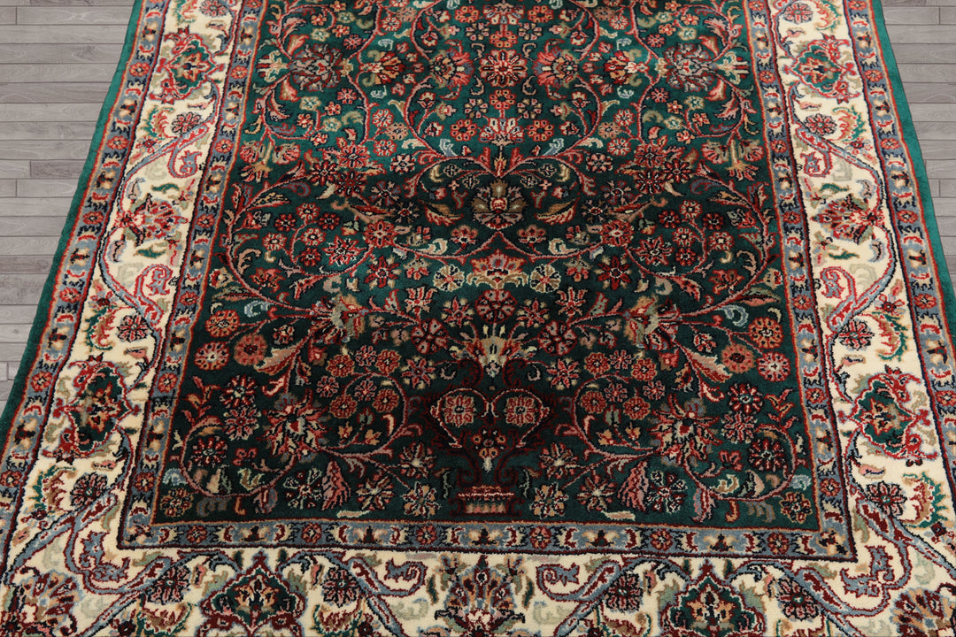 4x6 Emerald, Ivory, Red Color Hand Knotted Kashan Wool Traditional Oriental Rug