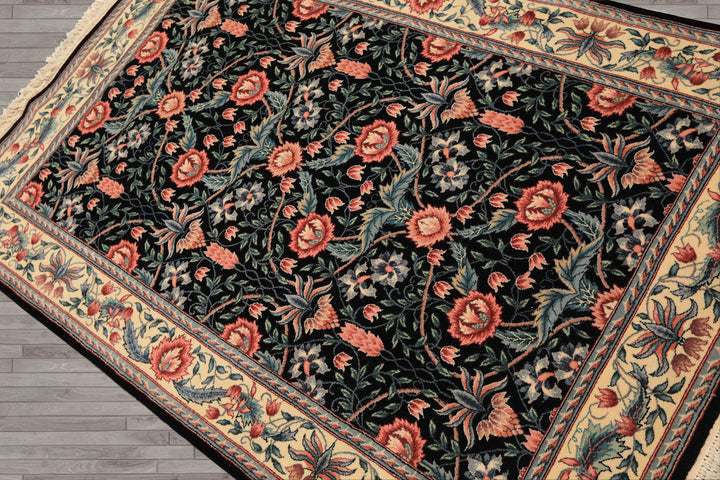 4x6 Black, Ivory, Aqua Color Hand Knotted French Aubusson Savonnerie Wool Traditional Oriental Rug