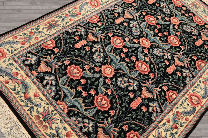 4x6 Black, Ivory, Aqua Color Hand Knotted French Aubusson Savonnerie Wool Traditional Oriental Rug