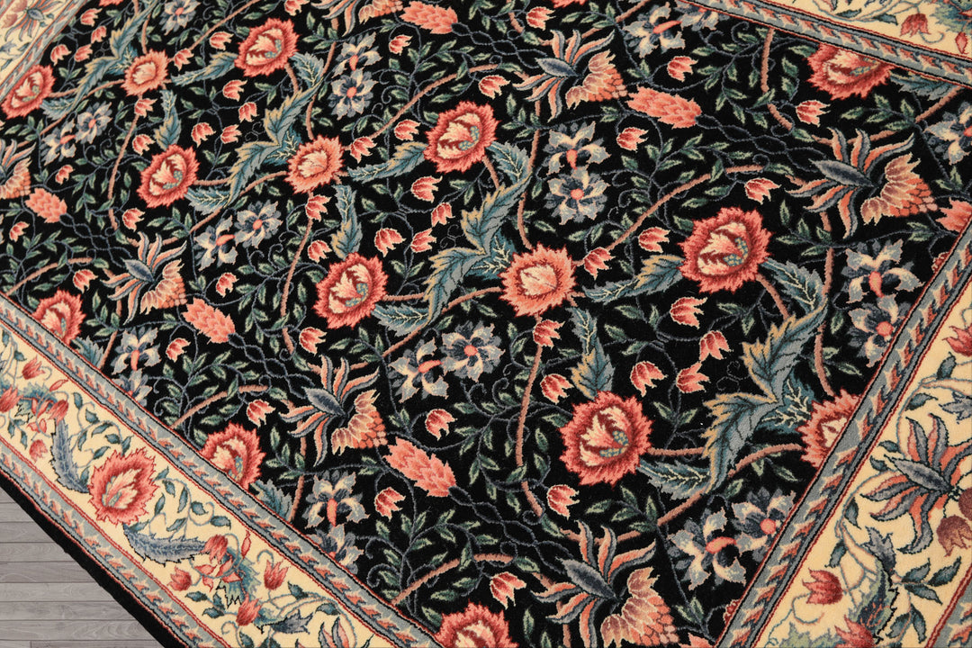 4x6 Black, Ivory, Aqua Color Hand Knotted French Aubusson Savonnerie Wool Traditional Oriental Rug