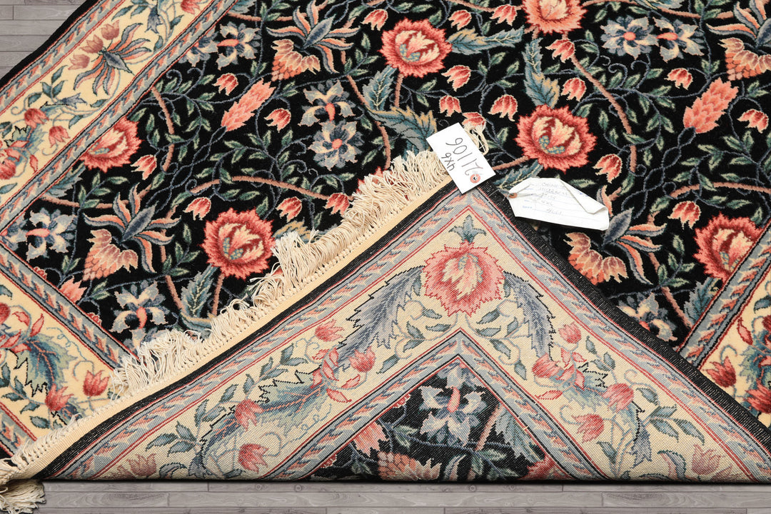 4x6 Black, Ivory, Aqua Color Hand Knotted French Aubusson Savonnerie Wool Traditional Oriental Rug