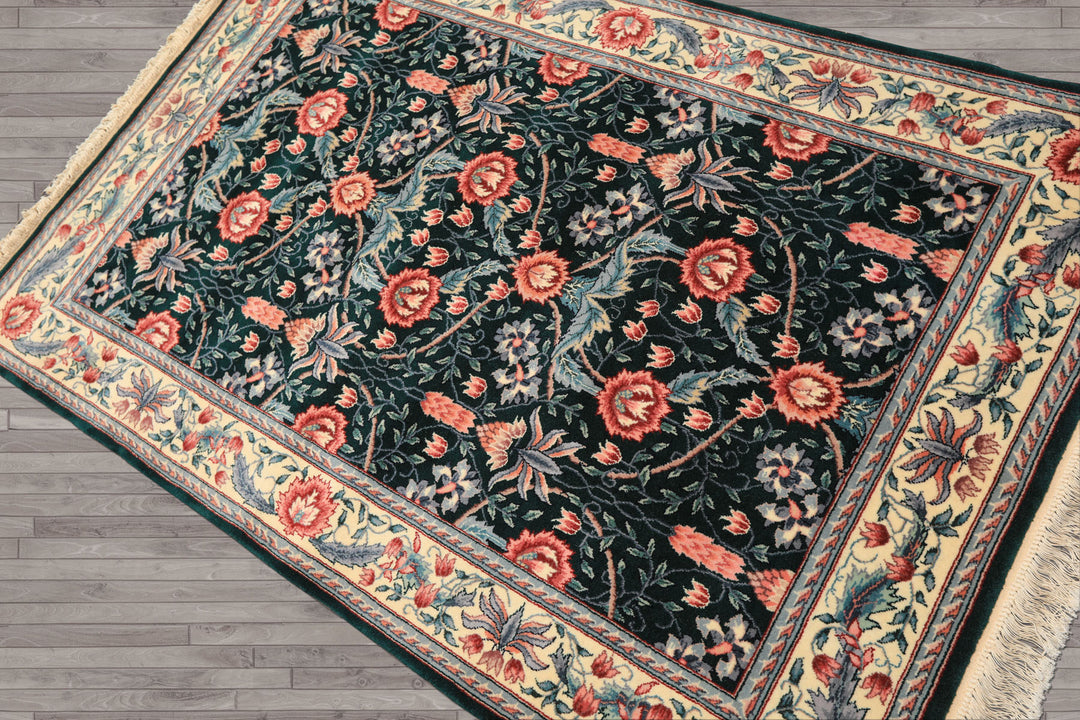 4x6 Emerald, Ivory, Rose Color Hand Knotted French Aubusson Savonnerie Wool Traditional Oriental Rug