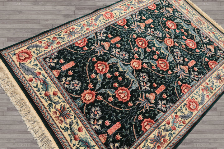 4x6 Emerald, Ivory, Rose Color Hand Knotted French Aubusson Savonnerie Wool Traditional Oriental Rug