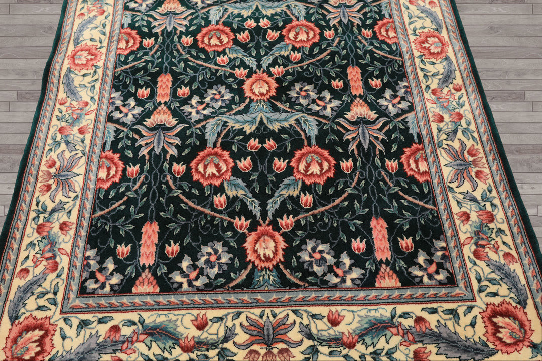 4x6 Emerald, Ivory, Rose Color Hand Knotted French Aubusson Savonnerie Wool Traditional Oriental Rug