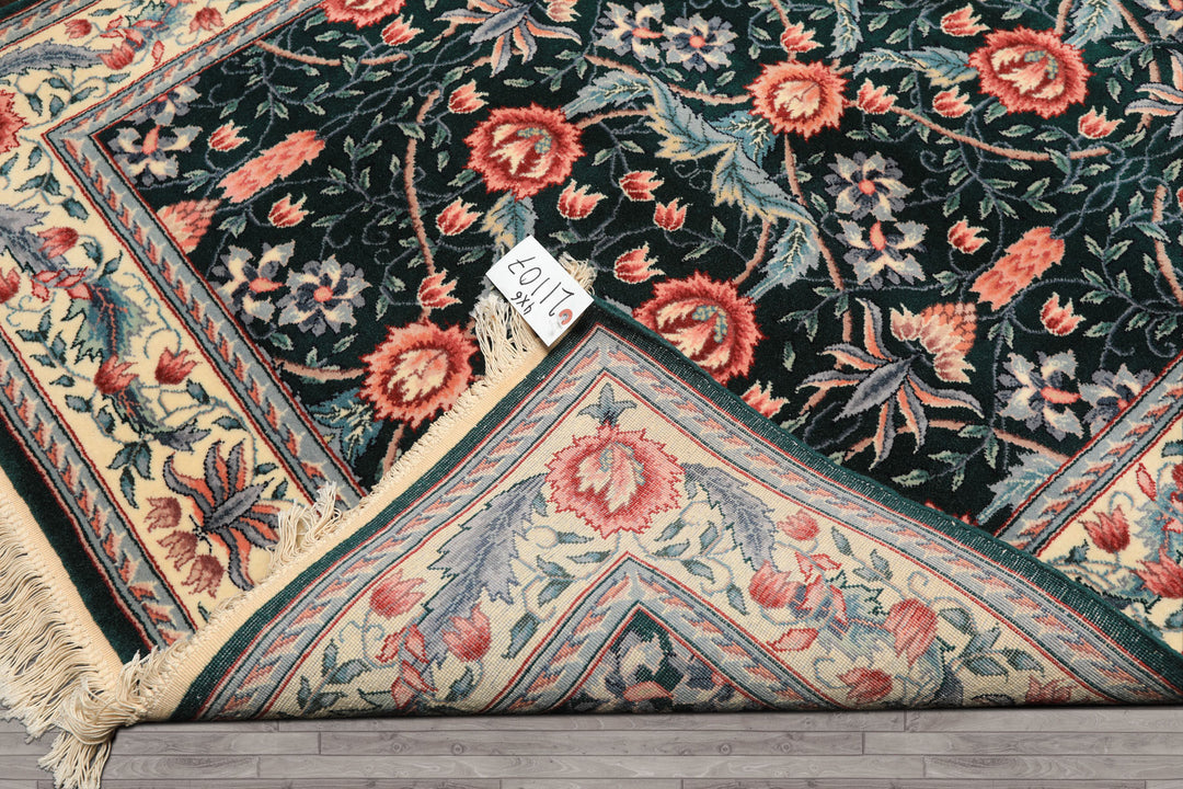 4x6 Emerald, Ivory, Rose Color Hand Knotted French Aubusson Savonnerie Wool Traditional Oriental Rug