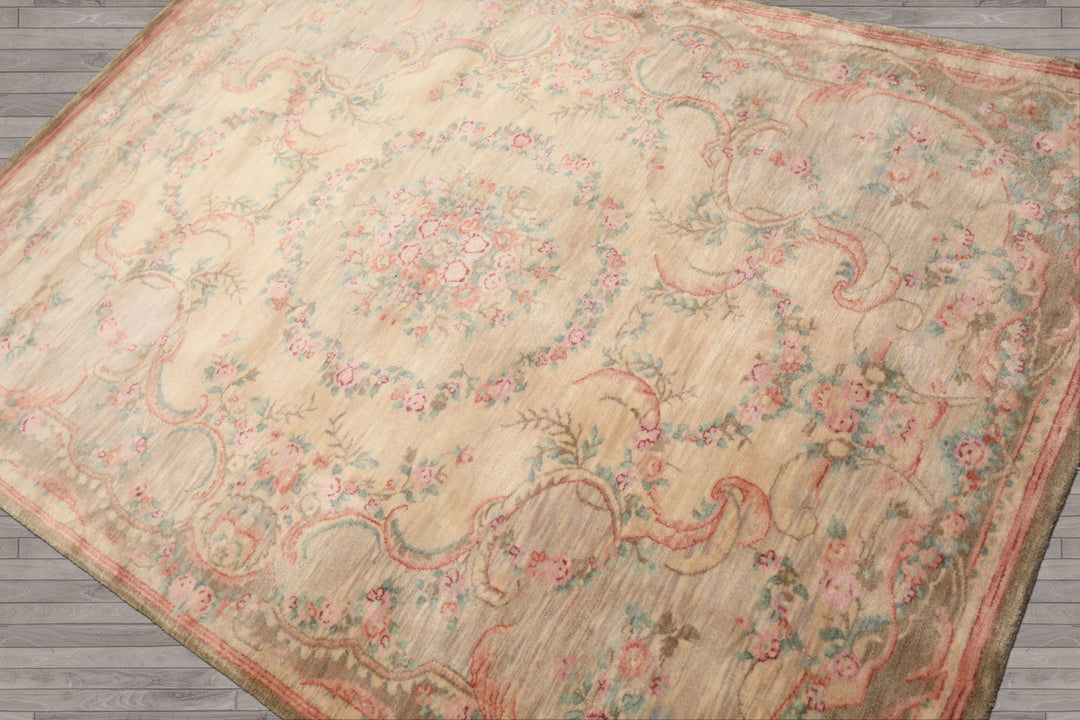 5x7 Beige, Rose, Brown Color Hand Knotted French Aubusson Savonnerie New Zealand Wool Traditional Oriental Rug