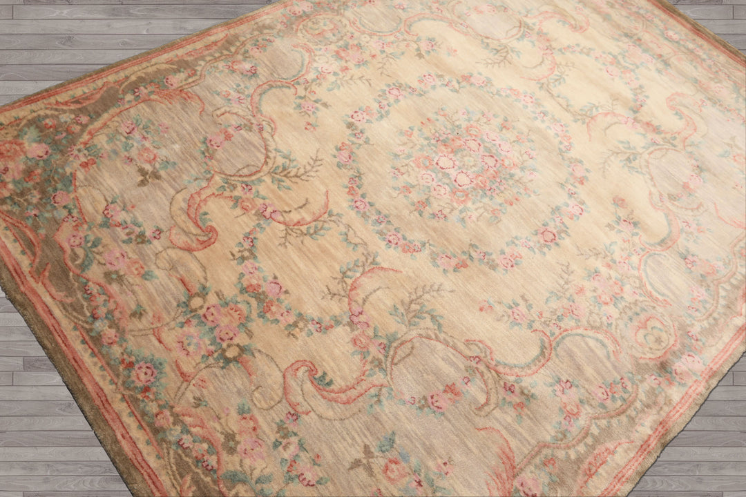 5x7 Beige, Rose, Brown Color Hand Knotted French Aubusson Savonnerie New Zealand Wool Traditional Oriental Rug