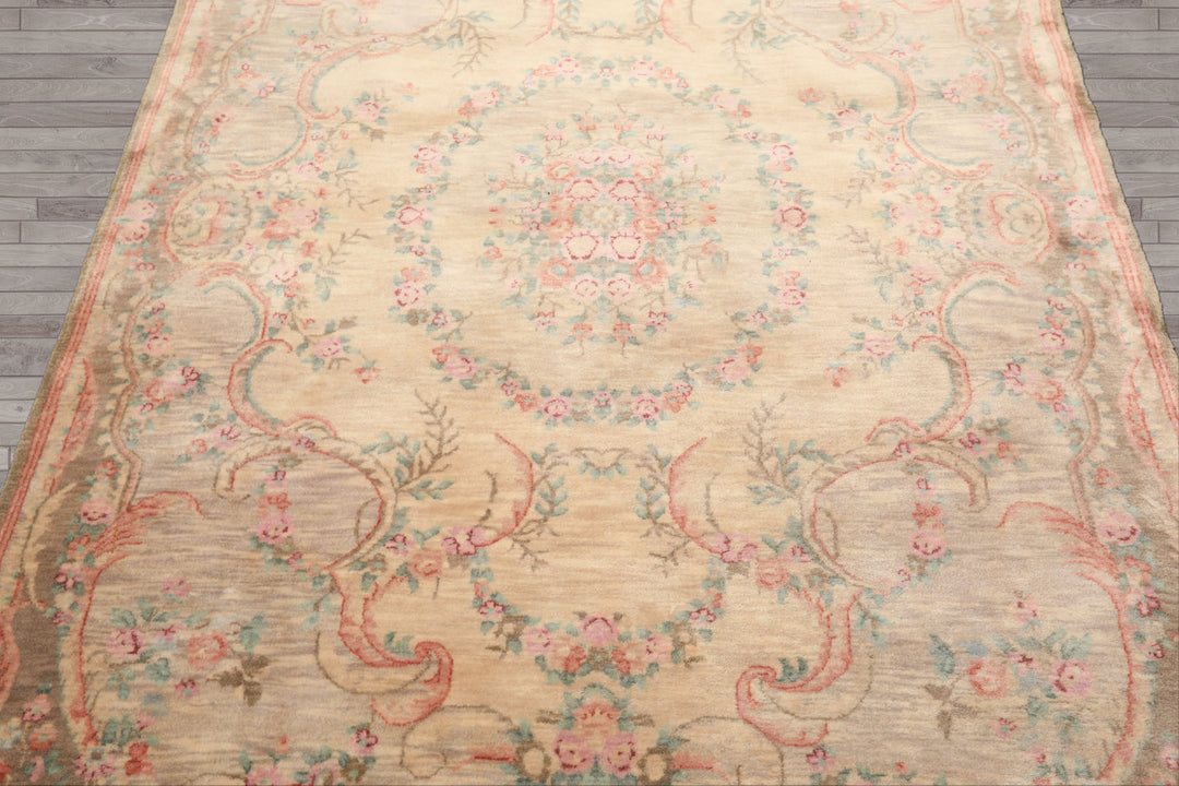 5x7 Beige, Rose, Brown Color Hand Knotted French Aubusson Savonnerie New Zealand Wool Traditional Oriental Rug