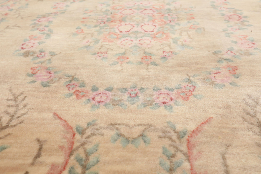 5x7 Beige, Rose, Brown Color Hand Knotted French Aubusson Savonnerie New Zealand Wool Traditional Oriental Rug