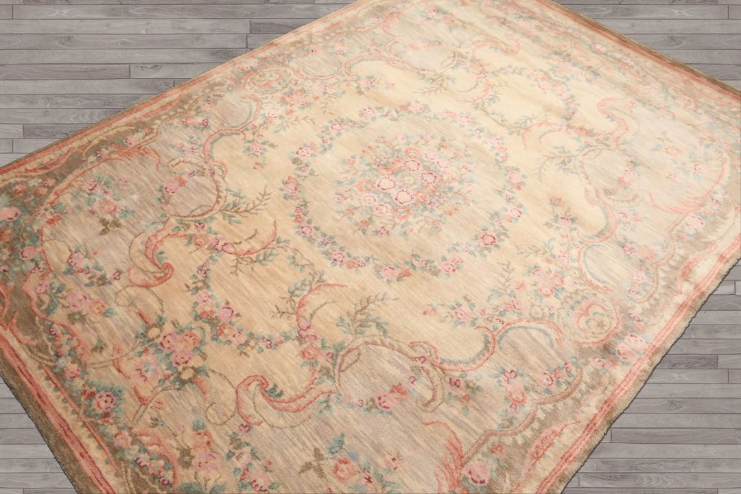 5x7 Beige, Rose, Brown Color Hand Knotted French Aubusson Savonnerie New Zealand Wool Traditional Oriental Rug