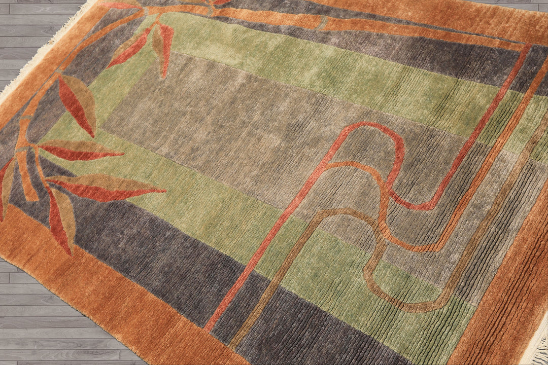 5x7 Gray, Sage, Caramel Color Hand Knotted Tibetan Wool Transitional Oriental Rug