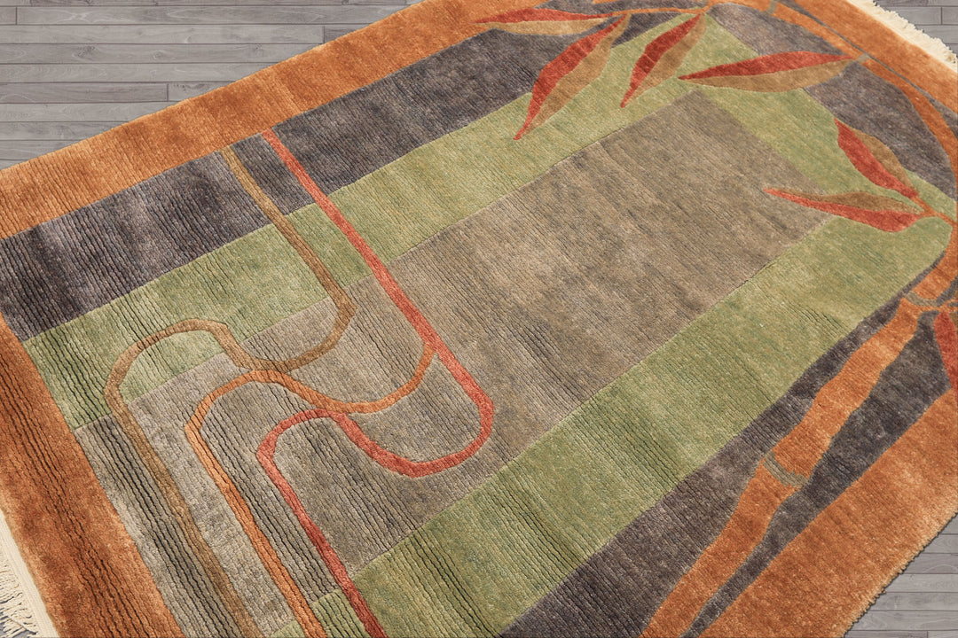 5x7 Gray, Sage, Caramel Color Hand Knotted Tibetan Wool Transitional Oriental Rug
