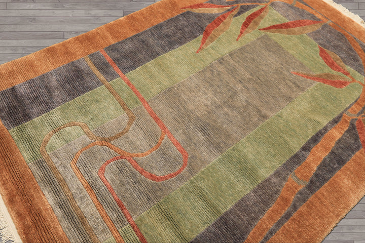 5x7 Gray, Sage, Caramel Color Hand Knotted Tibetan Wool Transitional Oriental Rug