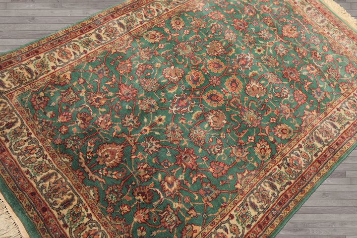 4x6 Green, Ivory, Rust Color Hand Knotted Kashan New Zealand Wool Traditional Oriental Rug