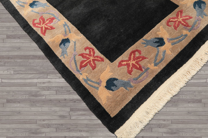 4x6 Charcoal, Tan, Rose Color Hand Knotted Tibetan Wool Transitional Oriental Rug