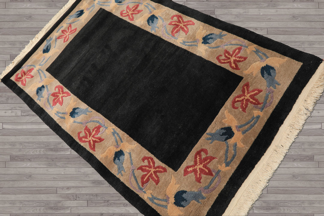4x6 Charcoal, Tan, Rose Color Hand Knotted Tibetan Wool Transitional Oriental Rug