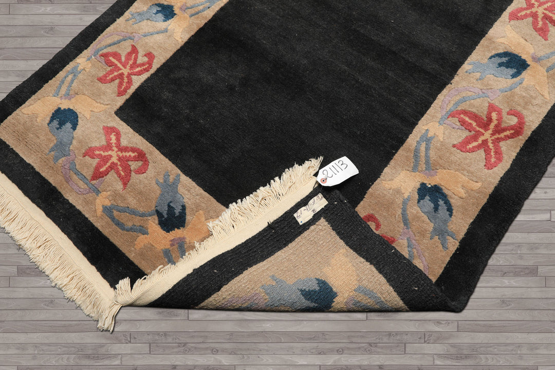 4x6 Charcoal, Tan, Rose Color Hand Knotted Tibetan Wool Transitional Oriental Rug