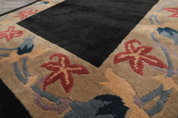 4x6 Charcoal, Tan, Rose Color Hand Knotted Tibetan Wool Transitional Oriental Rug