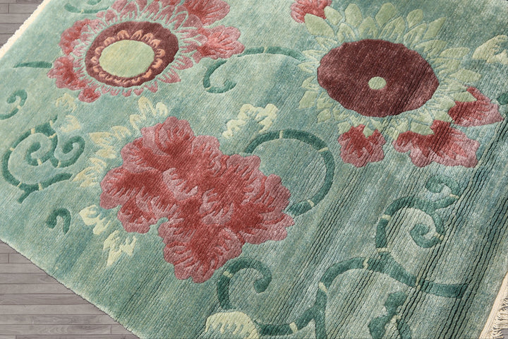 4x6 Seafoam-Green, Rust, Mauve Color Hand Knotted Tibetan Wool Transitional Oriental Rug