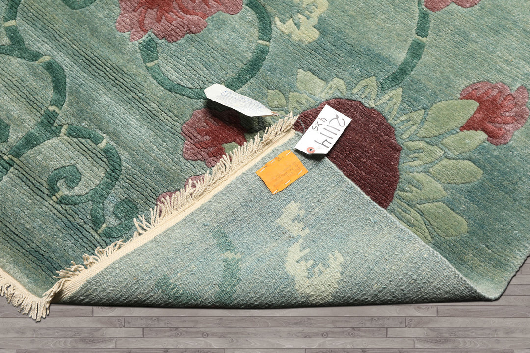 4x6 Seafoam-Green, Rust, Mauve Color Hand Knotted Tibetan Wool Transitional Oriental Rug