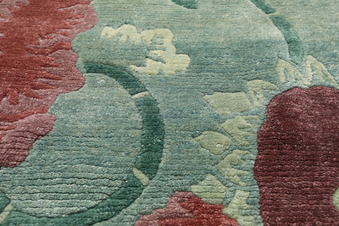 4x6 Seafoam-Green, Rust, Mauve Color Hand Knotted Tibetan Wool Transitional Oriental Rug