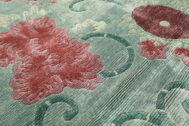 4x6 Seafoam-Green, Rust, Mauve Color Hand Knotted Tibetan Wool Transitional Oriental Rug